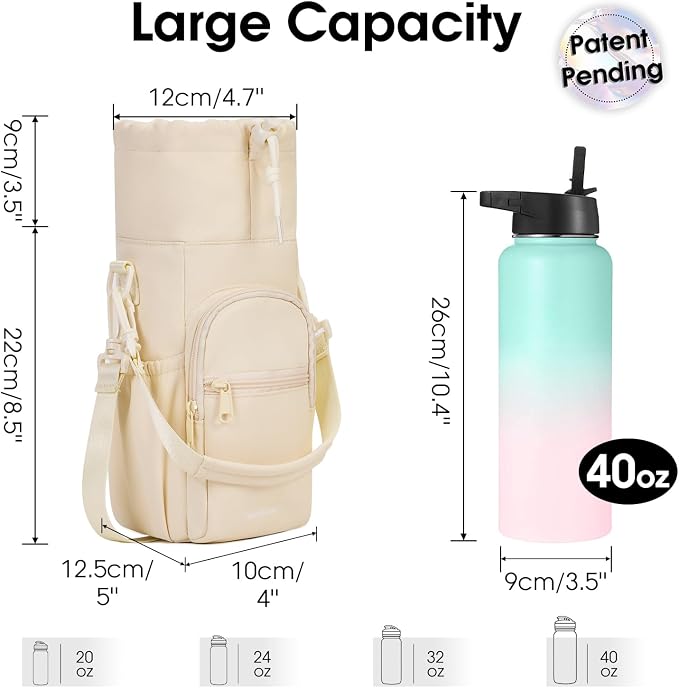 sportsnew 40oz Insulated Crossbody Water Bottle Bag Gym Hiking Phone Pocket | Water-resistant Lining, Padded Strap, Top Handle, Drawstring, Phone Pocket, Elastic Slots, Built-In Key Clip for Gym Walking