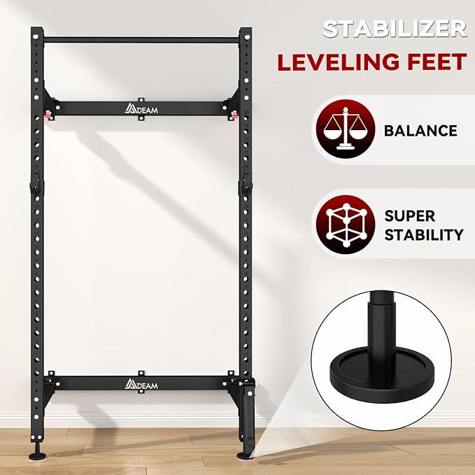Mdeam Folding Squat Rack,2.36"x2.36" Wall Mounted Power Rack for Home Gym | Foldable Space-Saving,Heavy-Duty 1000LBS Capacity,with Pull-Up Bar, J-hooks,Landmine,Multi-Functional for Full-Body Training