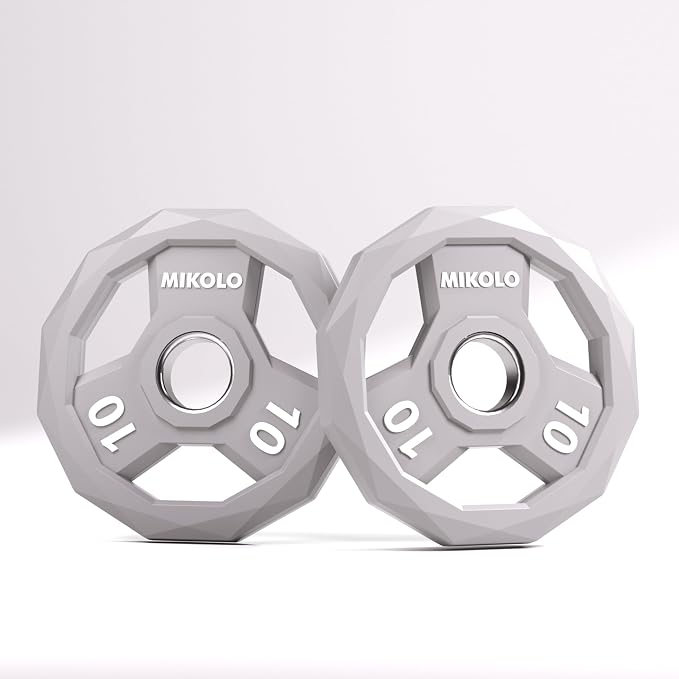 Mikolo Olympic Weights Set 2-Inch Rubber Coated Plates, 12-Sided Non-Roll Weight Plates Grip with 3 Handles for Home Gym, Strength Training, Single, Pair and Sets(5/10/15/25/35/45 LB)