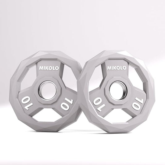Mikolo Olympic Weights Set 2-Inch Rubber Coated Plates, 12-Sided Non-Roll Weight Plates Grip with 3 Handles for Home Gym, Strength Training, Single, Pair and Sets(5/10/15/25/35/45 LB)