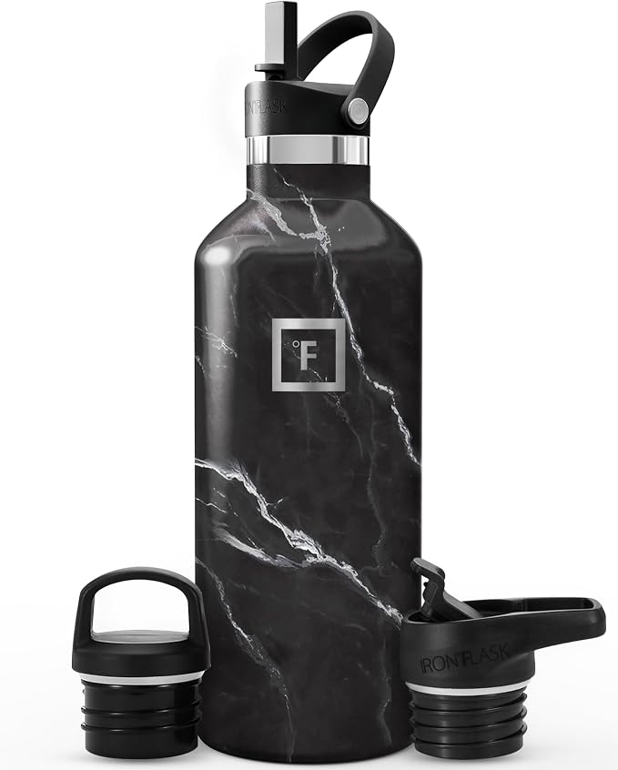 IRON °FLASK 32 oz Narrow Mouth Water Bottle with 3 Lids | Insulated Stainless Steel Sports Water Bottle with 3 Leakproof Lids - BPA Free, Cold 24 Hrs, Sweat Free (Black Marquina)