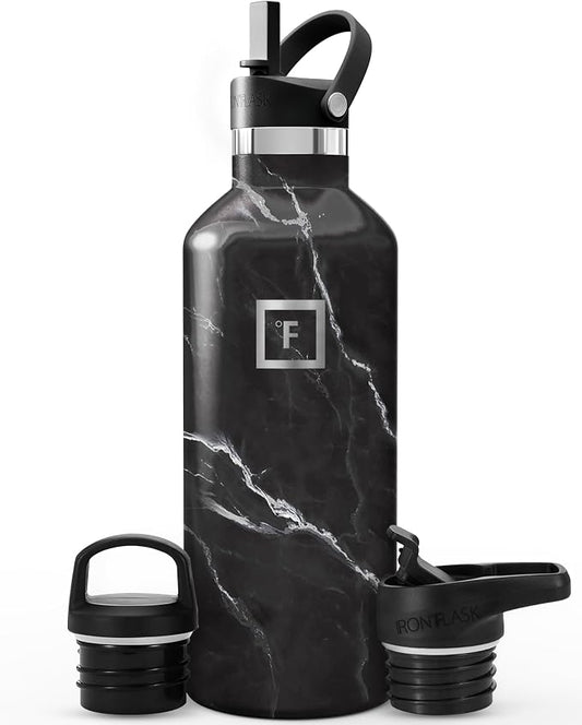 IRON °FLASK 32 oz Narrow Mouth Water Bottle with 3 Lids | Insulated Stainless Steel Sports Water Bottle with 3 Leakproof Lids - BPA Free, Cold 24 Hrs, Sweat Free (Black Marquina)
