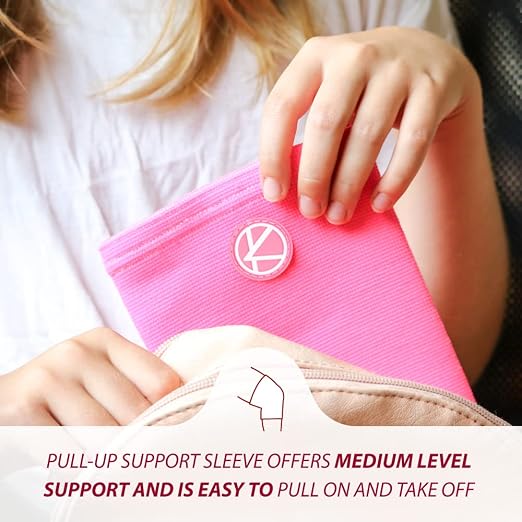 KARM Kids Knee Brace Sleeve - Youth Knee Compression Sleeve for Kids, Child - Support for Pain, Sports, Football, Basketball, Gymnastics, Recovery, Boys & Girls (Neon Pink)
