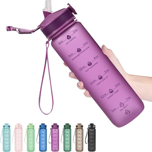 Hyeta Plastic Water Bottle With Straw & Time Marker, 32oz Leakproof Jug | Motivational Tritan BPA Free Gym Office Outdoor Intake Tracker Hourly Reminder Straw Lid Lightweight