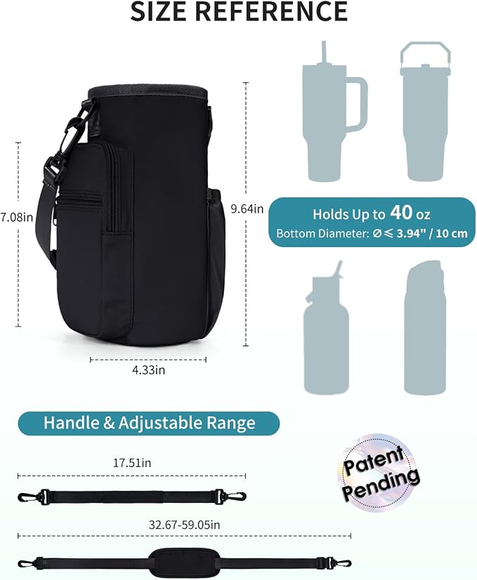 sportsnew 30/40oz Crossbody Water Bottle Holder Anti-Tip Tumbler Carrier | Lightweight Bottle Sling Fits Handled Tumbler w/ Phone Pocket, Adjustable Strap, Insulated Lining, Hands-free for Hiking Gym