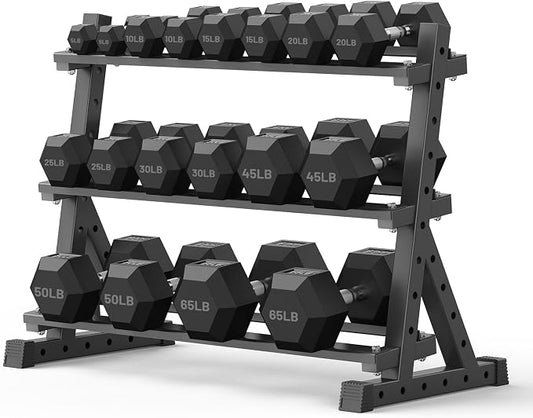 PAPABABE Dumbbell Set with Rack Dumbbells Rubber Encased Home Gym | PAPABABE Complete & Durable Cast Iron Core Odorless PVC Antiroll Hex Shape Ergonomic Chrome Handle Versatile Home Gym