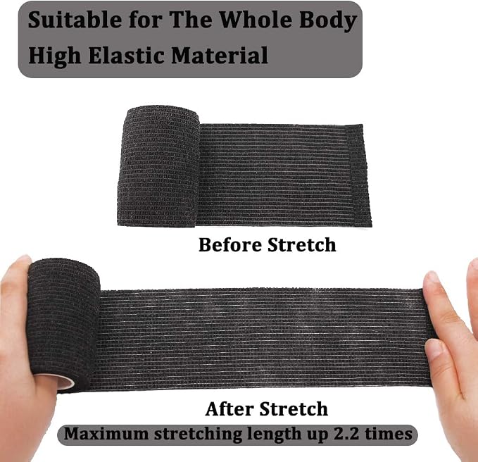 12 Rolls Elastic Self Adhesive Bandage Wrap 3 Inch, Breathable Non Woven Cohesive Bandage, Vet Wrap for Dogs, Ankle Sprains Swelling Tape, Sports Athletic Tape Black