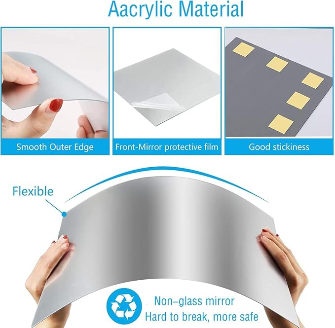 16" x 12" x 2Pcs Acrylic Mirror Sheets, Decorative Wall Mirrors | Flexible Body Mirror Tiles with Self Adhesive Tapes, Non Glass Mirror Stickers for Bathroom Bedroom Home Wall Decor