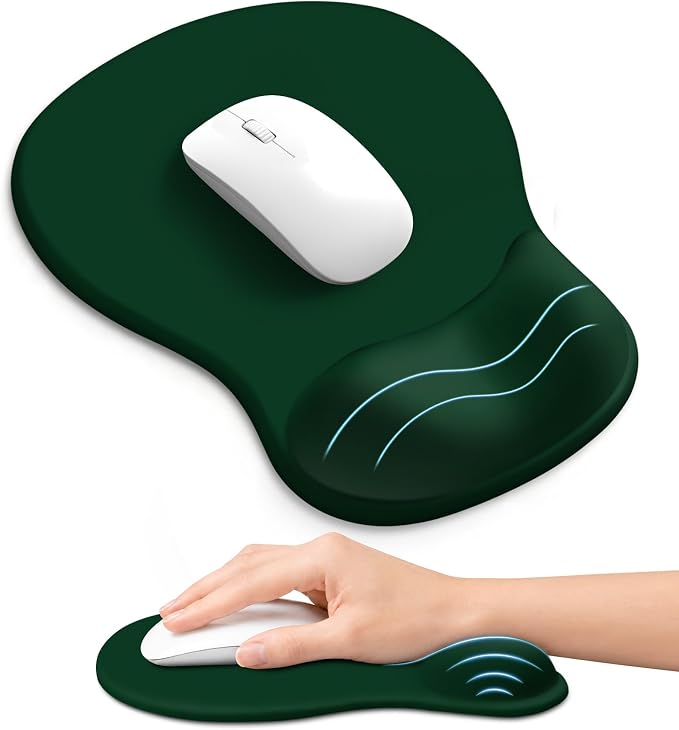 Ergonomic Mouse Pad with Wrist Rest, Gel Wrist Support, Dark Green | 10.2 x 7.6 in Mouse Pad with Smooth Fabric Surface and Non-Slip Rubber Base for Office, Home, Study, and Gaming
