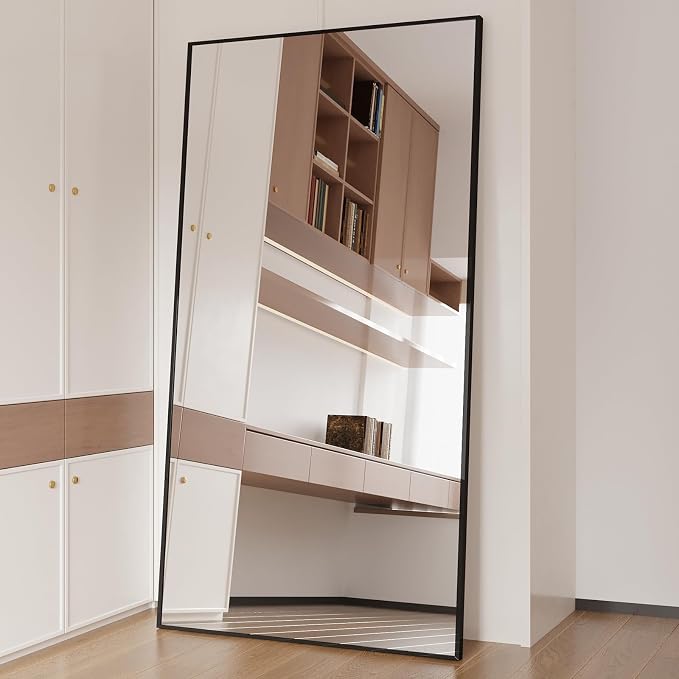 Beauty4U 76" x 37" Full Length Mirror with Stand, Black Large Floor Mirror | Standing, Leaning, or Wall-Mounted Tempered Glass Full Body Mirror with Metal Frame for Bedroom, Closet, Modern Home Decor