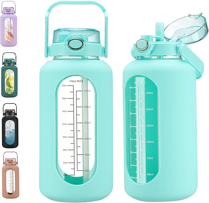 chunmo 74 oz Glass Water Bolttles with Straw Large Motivational Water Bottle with Time Marker Sports Water Bottles with Silicone Sleeve and Handle Lid 2.2L Water Jug for Gym Workout