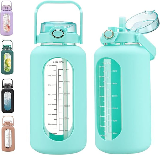 chunmo 74 oz Glass Water Bolttles with Straw Large Motivational Water Bottle with Time Marker Sports Water Bottles with Silicone Sleeve and Handle Lid 2.2L Water Jug for Gym Workout