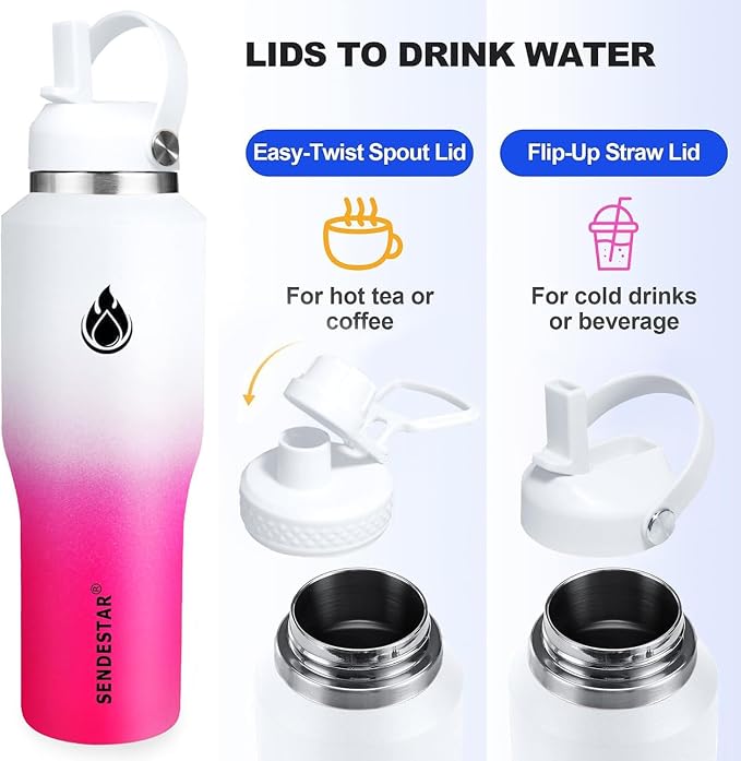 SENDESTAR 40oz Stainless Steel Water Bottle(Cold for 48 Hrs, Hot for 24 Hrs),Double Wall Vacuum Insulated Bottle with Straw Lid, Spout Lid and Flex Cap, Fit in Any Car Cup Holder