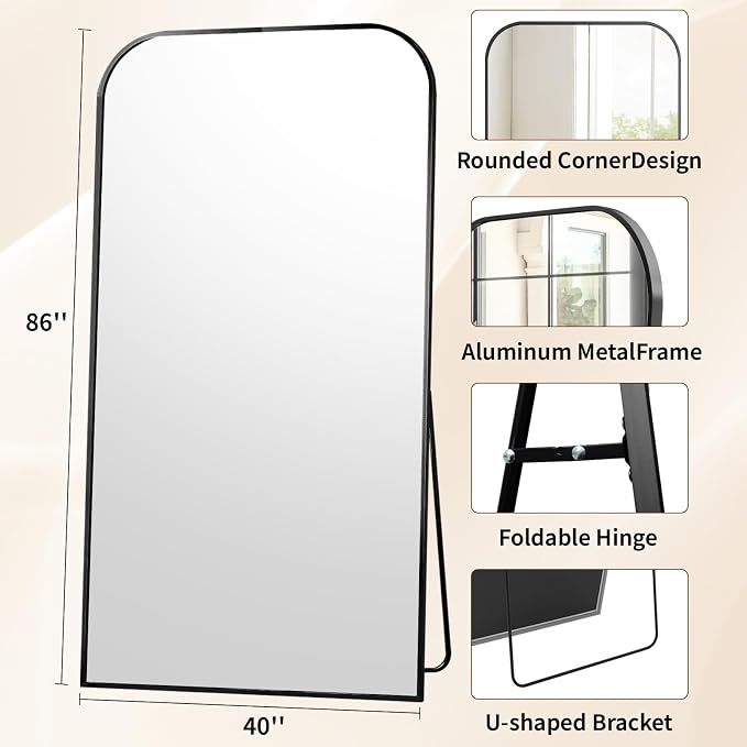Oversized Full Length Mirror 86"x40" Arched Floor Standing Mirror | Large Full Body Mirrors with Stand - with Aluminum Frame for Bedroom Living Room, Black