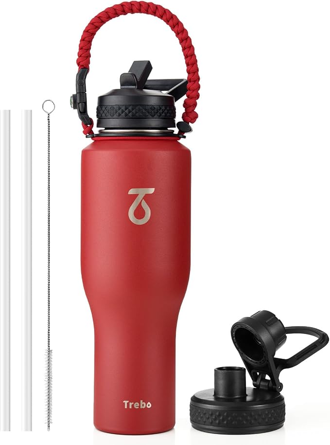 Trebo 40 oz Water Bottle Insulated Fit in Any Car Cup Holder with 2 Lids | Stainless Steel T-shape Tumbler with Paracord Handle, Triple Wall Vacuum Copper Plated, Cold 48 Hrs for Travel, Wide Mouth