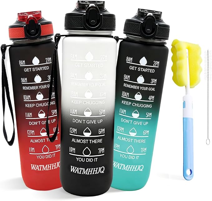 32oz Sports Water Bottle Outdoor, with Drinking Time and Capacity Labels, Sport Water Cups with Straw,BPA Free Leak Proof,for Fitness Gym Running Climbing (Grey black)