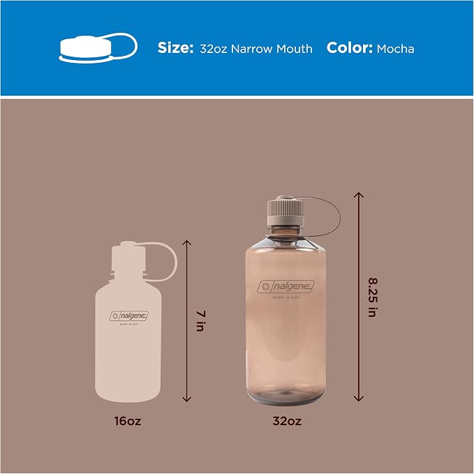 Nalgene 32 oz Narrow Mouth Water Bottle, Mocha | BPA-Free, Durable & Lightweight, Leak Proof, Dishwasher Safe, Large Reusable Plastic Bottle for Hiking, Gym, Work & Travel
