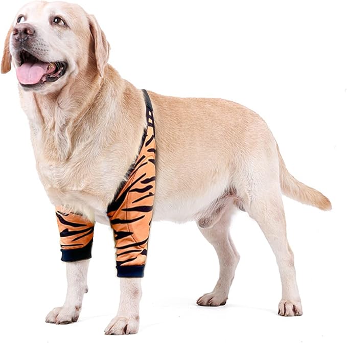 HDKUW Dog Elbow Protector, Dog Front Leg Recovery Sleeve for Prevent Licking Wound, Elbow Sleeves with Mesh Pad for Medium Large Dogs Tiger L