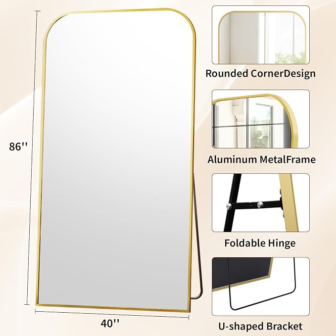 Oversized Full Length Mirror 86"x40" Arched Floor Standing Mirror | Large Full Body Mirrors with Stand - with Aluminum Frame for Bedroom Living Room, Gold