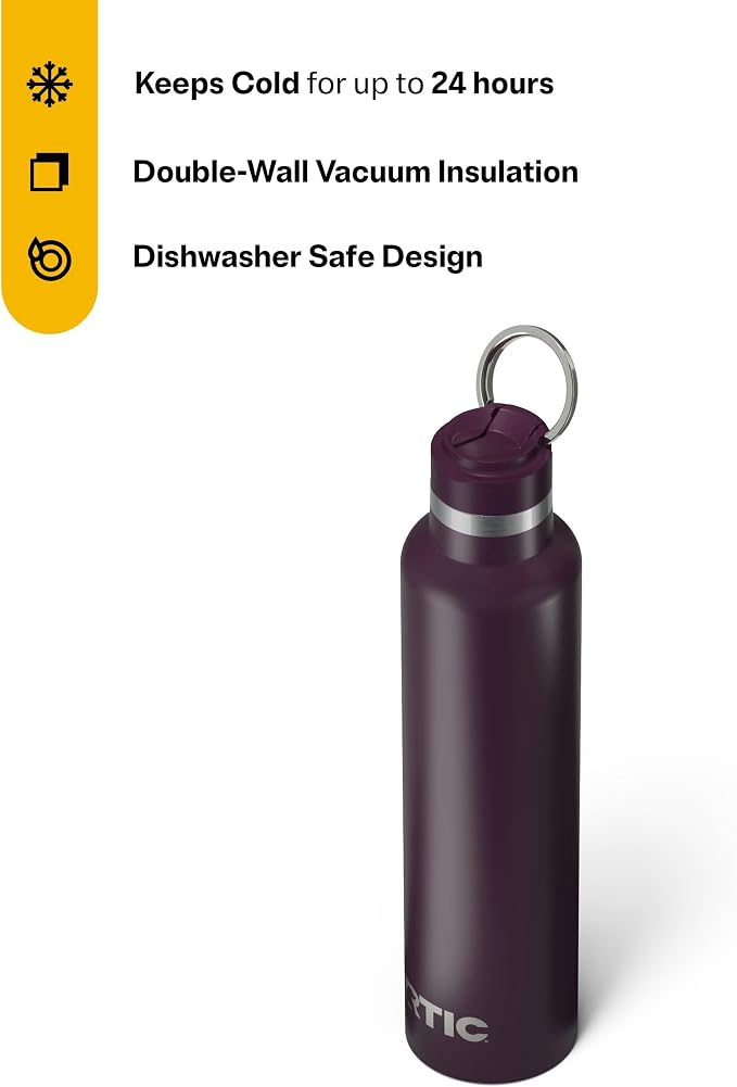 RTIC 26oz Journey Water Bottle Ceramic Lined Metal Stainless Steel Vacuum Insulated, BPA Free, Reusable, for Water, Hot and Cold Drinks, Travel, Sports, Camping, Plum