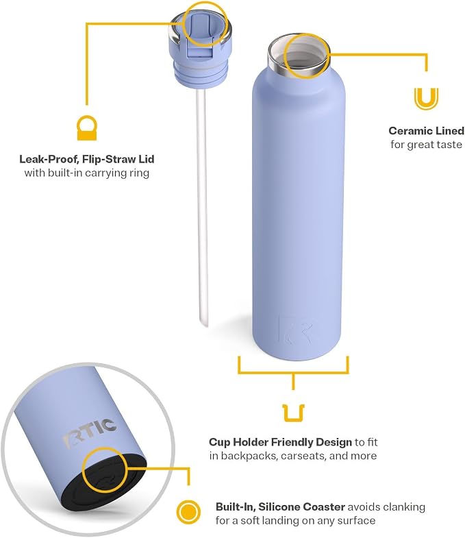 RTIC 26oz Journey Water Bottle Ceramic Lined Metal Stainless Steel Vacuum Insulated, BPA Free, Reusable, for Water, Hot and Cold Drinks, Travel, Sports, Camping, Periwinkle