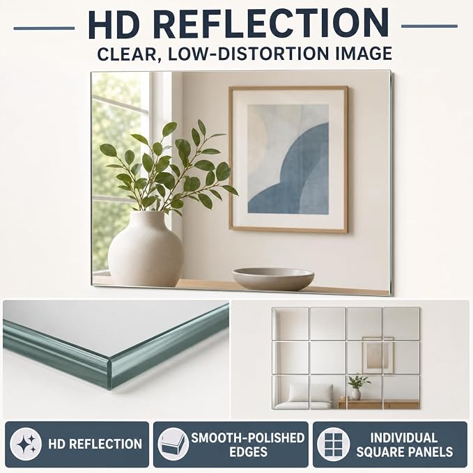 12" x 12" Glass Wall Mirror Tiles for Wall, Frameless Full Length Mirrors Wall Mounted for Home Gym Mirror Yoga Bedroom Dancing Studio Dressing Room (12PCS)