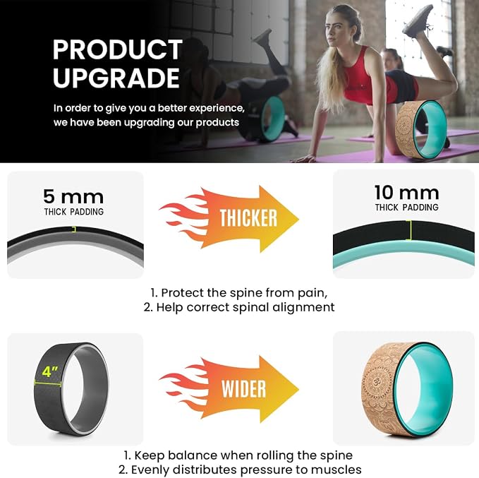Cork Roller, Yoga Wheel, Upgraded Back Wheels for Pain Relief & Stretching | Strongest Back Roller for Deep Tissue Massage, Improving Yoga Poses Backbend