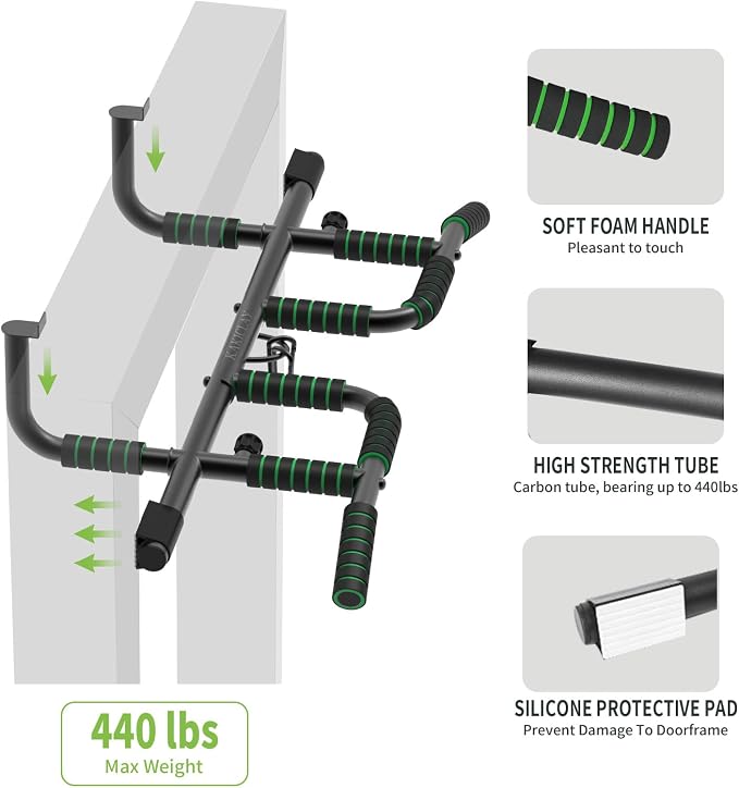 KAKICLAY New Upgrade Pull Up Bar for Doorway with Ergonomic Grip - Upto 440 Lbs Capacity, No Screwing or Slipping - USA Original Patent, Designed, Shipped, Warranty