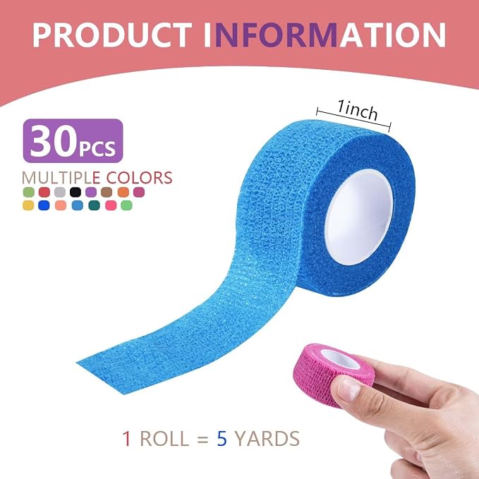 KISEER 30 Pack 1 Inch x 5 Yards Colorful Self Adhesive Bandage Breathable Cohesive Bandage Wrap Rolls Elastic Self-Adherent Tape for Stretch Athletic, Sports, Wrist, Ankle