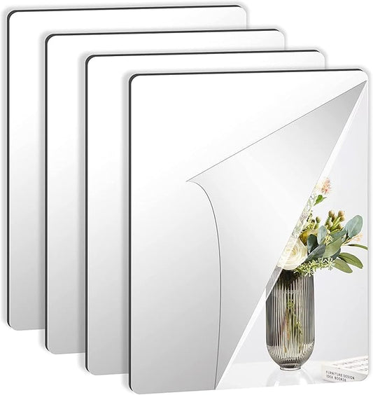 JUNEBRUSHS 4 Pack Self Adhesive Acrylic Mirrors, 12x 16 Inch Mirrors Tiles,Flexible Plastic Sheets Wall Stickers,2MM Thick Mirror,Frameless Small Mirror