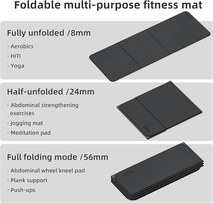 Foldable Yoga Mat Extra Thick 0.32 Inches(8mm) | SGS-certified, odorless POE. Non-slip surface & no curling edges. Great for yoga, Pilates & home gym.