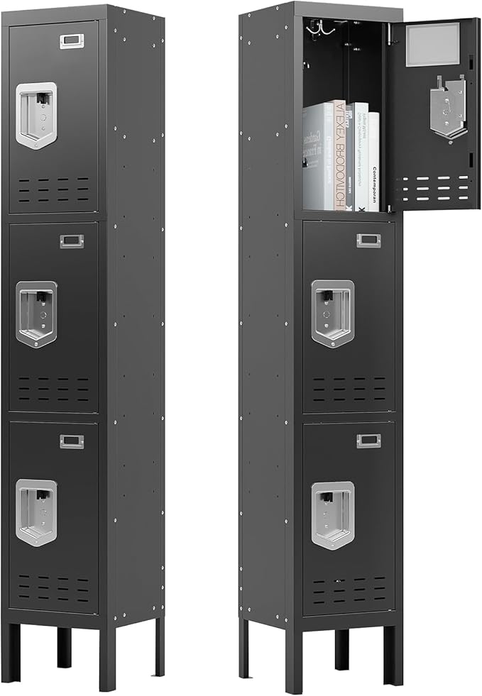 BUTISOW 3 Door Employee Metal Locker w/Card Slot for School Gym Office | Ventilated Metal Steel Locker with Mirror & Multi Hooks for Secure Storage