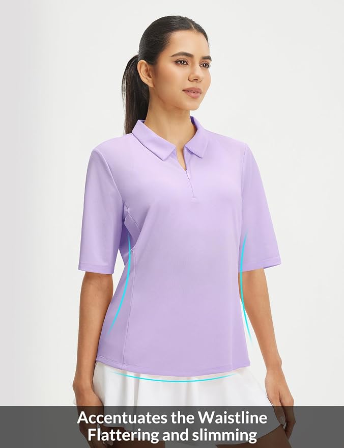 baleaf Womens Golf Shirts Half Sleeve Elbow Length Polo Tops | Stretch, Sun Protection UPF 50+, Quick Dry, Breathable, Moisture Wicking, Quarter Zip V Neck, Ideal for Golf Work Casual