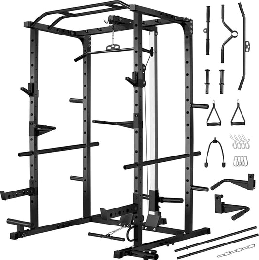 JEEKEE Power Rack with LAT Pulldown, 2000LBS Power Cage with Cable System, Multi-Function Squat Rack with J-Hooks, Safety Bars, Landmine, Pull Up Bar & Attachments for Home Gym Strength Training,Black