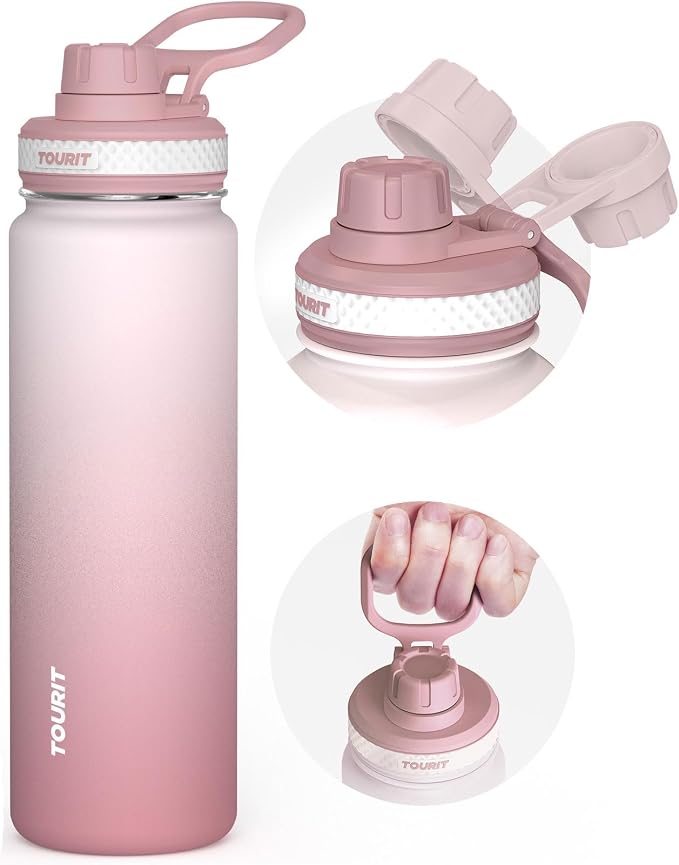 TOURIT 24 oz Insulated Stainless Steel Water Bottle, Rose red | Double-wall vacuum thermal flask with top handle, leakproof & BPA-free design for sports, gym, hiking & travel use