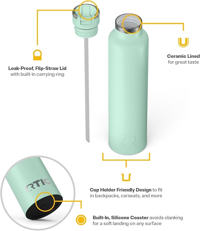 RTIC 26oz Journey Water Bottle Ceramic Lined Metal Stainless Steel Vacuum Insulated, BPA Free, Reusable, for Water, Hot and Cold Drinks, Travel, Sports, Camping, Fresh Mint