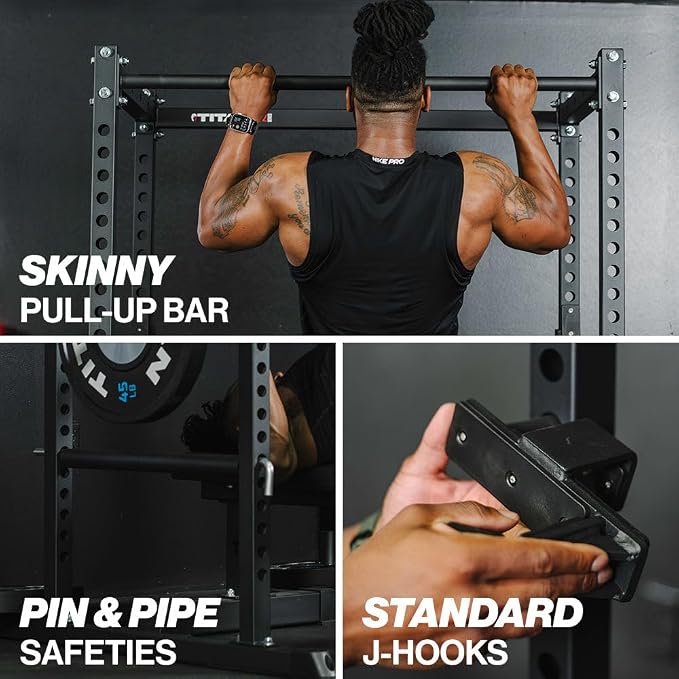 Titan Fitness T-2 Series Short Power Rack, Skinny Pull Up Bar, Pin and Pipe Safeties, Standard J-Hooks, for Home Garage Gym Weightlifting and Strength Training