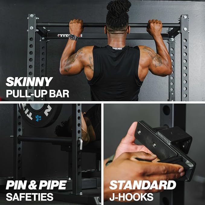 Titan Fitness T-2 Series Short Power Rack, Skinny Pull Up Bar, Pin and Pipe Safeties, Standard J-Hooks, for Home Garage Gym Weightlifting and Strength Training