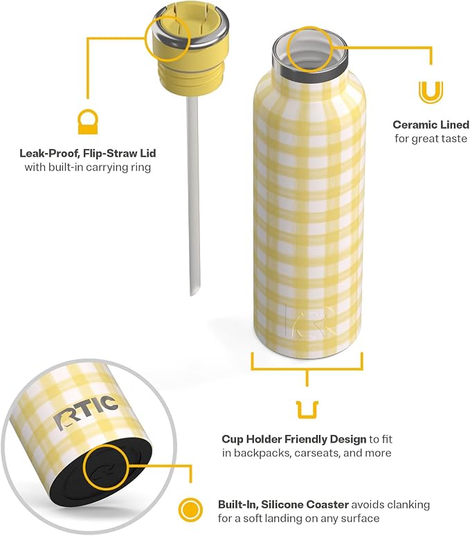 RTIC 20oz Journey Water Bottle Ceramic Lined Metal Stainless Steel Vacuum Insulated, BPA Free, Reusable, for Water, Hot and Cold Drinks, Travel, Sports, Camping, Sunlight Gingham