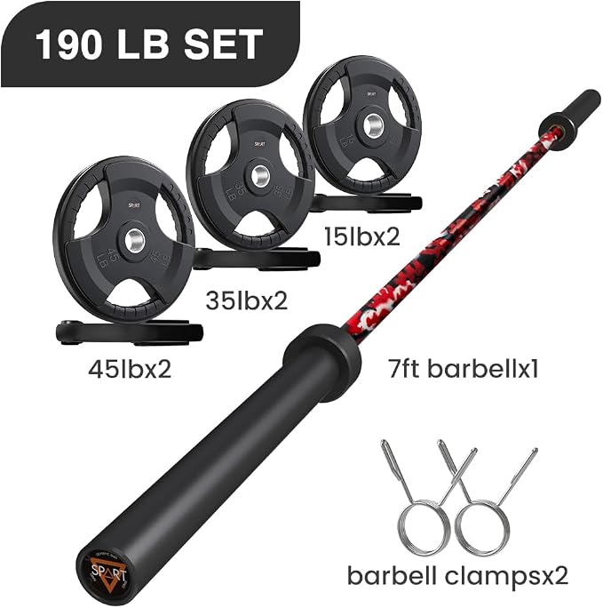 7FT Olympic Barbell Bar with Weight Plate Set Combo, Solid Olympic Bar with Bearings, 700Lbs Capacity Weight Bar for Home Gym Strength Training, Weightlifting, Powerlifting, Fit for 2" Olympic Plates