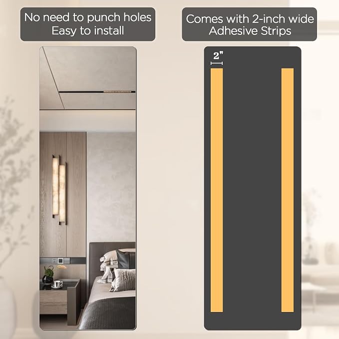 iCAGY Acrylic Full Body Self-Adhesive Shatterproof Mirror | Ultra-Thin, Lightweight, Frameless, Easy Install, Wall Mirror for Home Gym, Bedroom, Closet Door, Rectangle, 16"x 47", 4PCS