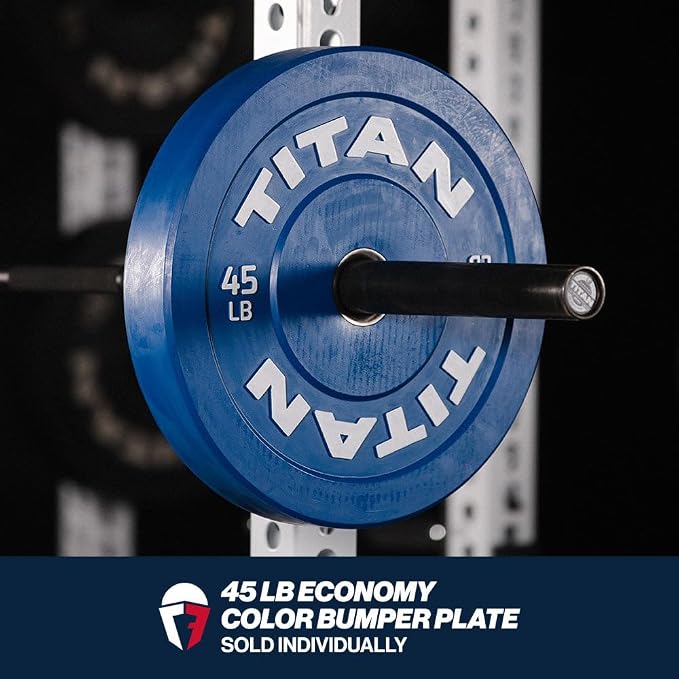 Titan Fitness Economy Olympic Bumper Plates, Color-Coded by IWF Standards, Low Bounce Rubber with Steel Insert, Weightlifting and Strength Training, Barbell Weight Set