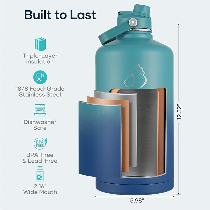 BUZIO 1 Gallon Water Jug with Straw Lid, 128oz Water Bottle Stainless Steel Triple Wall Hydro Jug 18/8 Food Grade Thermo Mug Keep Cold 48H & Hot 24H, Gradient Cyan