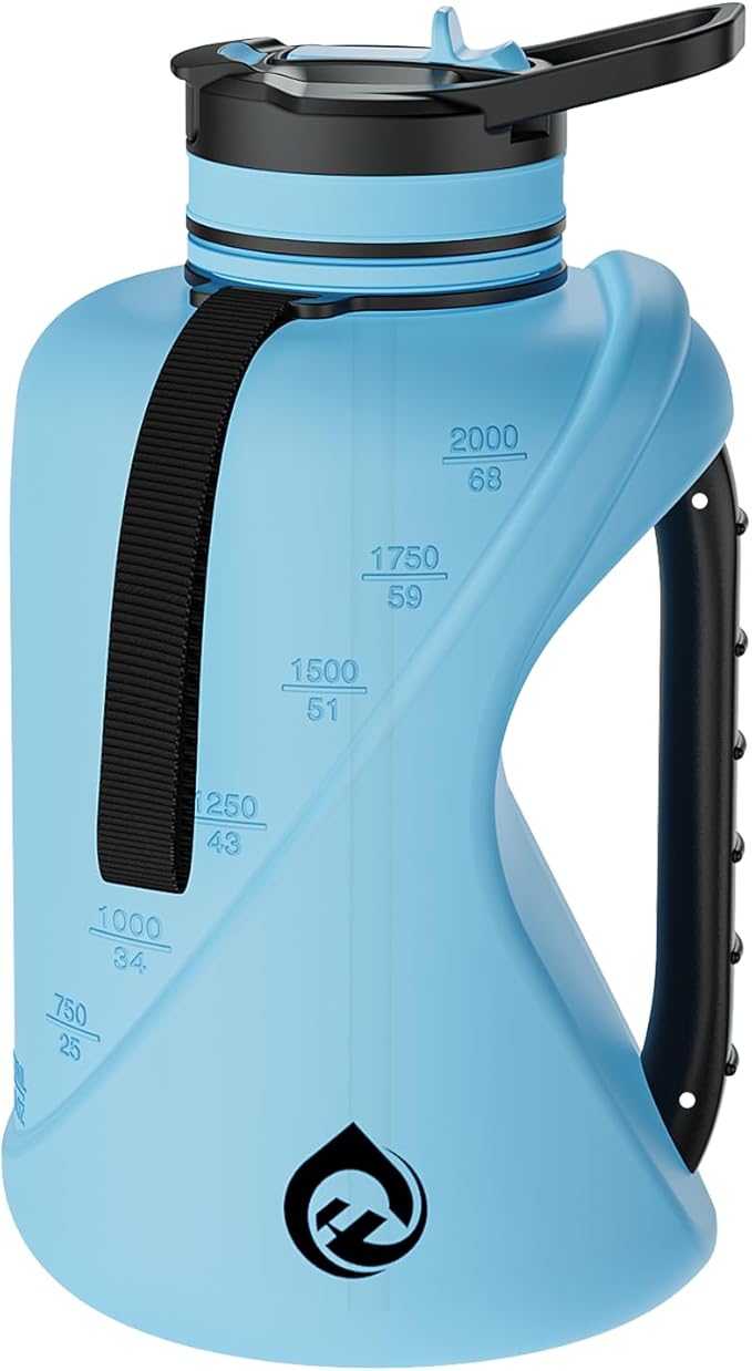 64oz Half Gallon Water Bottle with Straw & Chug Lid, Dishwasher Safe BPA-Free PP Plastic Jug, Heavy Duty Shatter-proof Gym Bottle with Handle & Carrying Strap