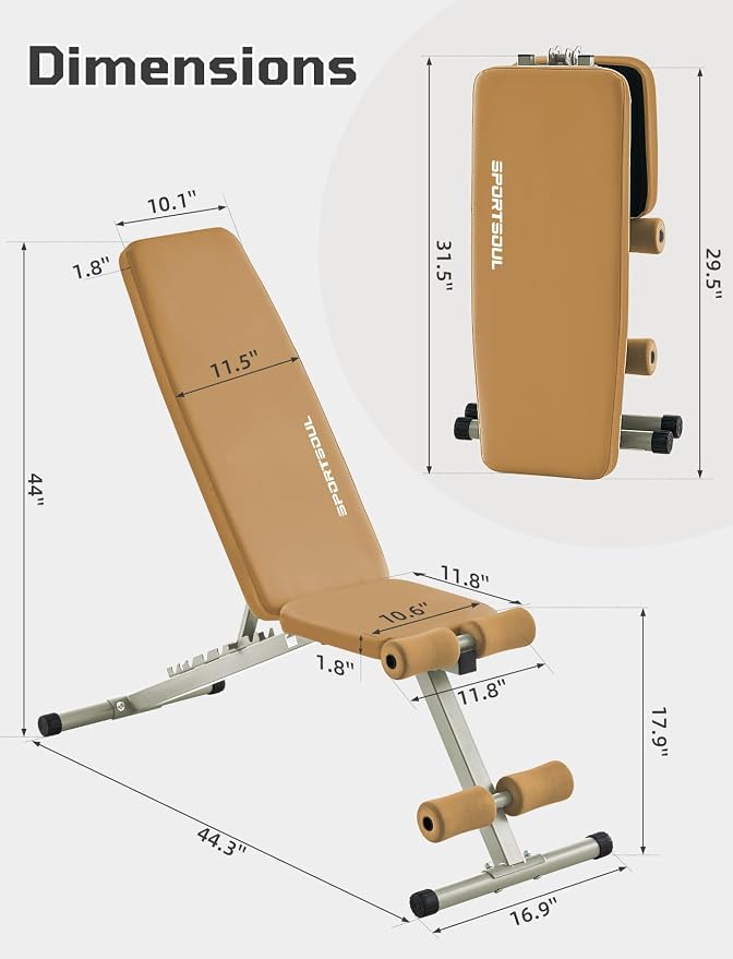 SPORTSOUL 880LB Weight Bench, 8-Position Backrest Adjustable Workout Bench | Foldable Weight Bench for Home Gym Strength Training – Incline Decline Flat, Compact for Small Space Apartment Room Garage