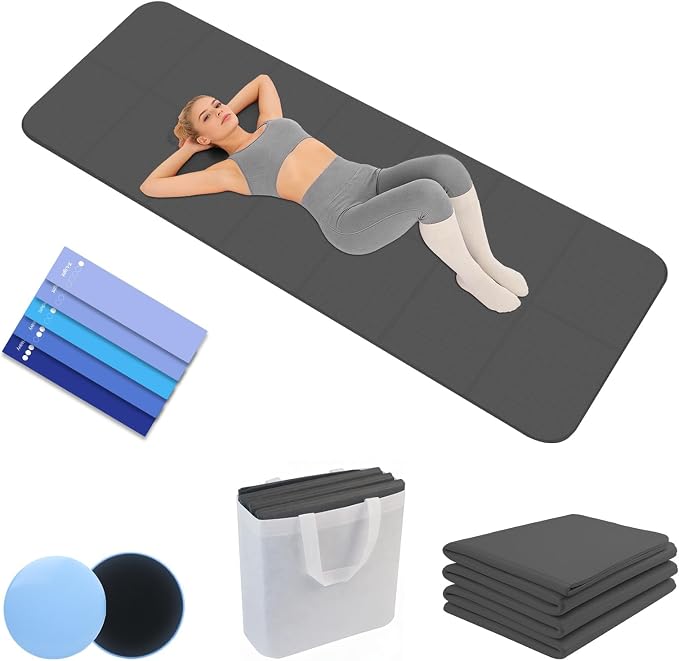Foldable Yoga Mat with Resistance Band & Sliding Discs, 0.24" Thick Eco-Friendly TPE Non-Slip Workout Mat, Portable for Yoga, Pilates, Home Gym & Travel (72." x 24" x 0.24")