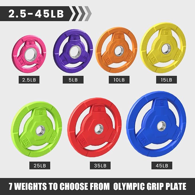 Color Coded 2-Inch Rubber Coated Olympic Grip Plate for Barbell,Solid Cast Iron Weight Plates for Strength Training, Weightlifting, Home Gym, 2.5/5/10/15/25/35/45 LB, Single and Pair