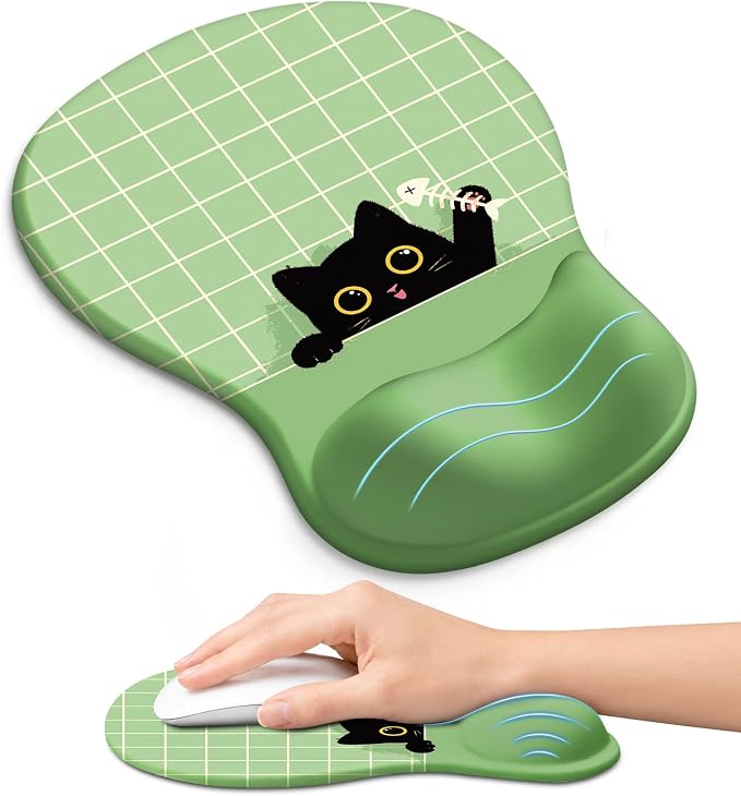 Ergonomic Mouse Pad with Wrist Rest, Gel Wrist Support, Green Cat | 10.2 x 7.6 in Mouse Pad with Smooth Fabric Surface and Non-Slip Rubber Base for Office, Home, Study, and Gaming