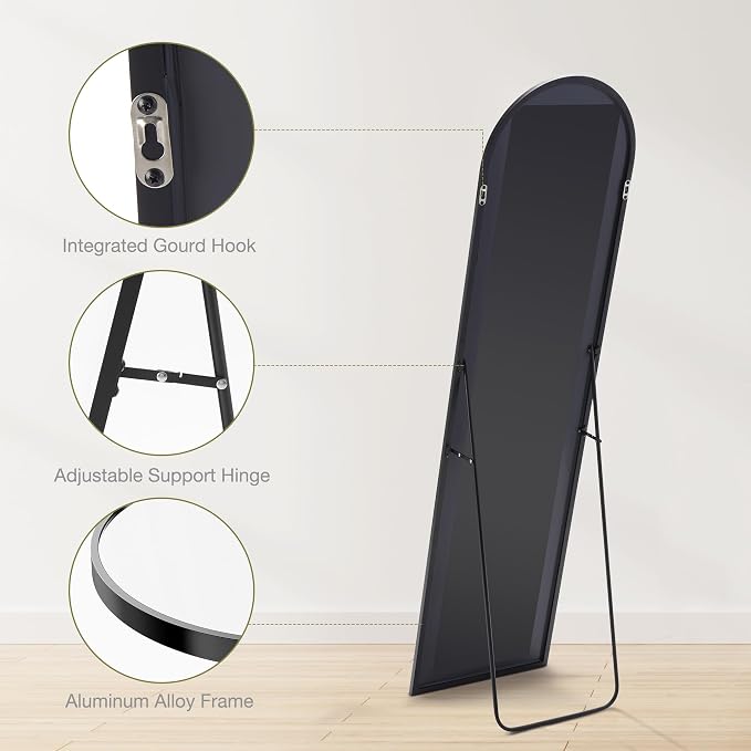 DUMOS 59"x16" Arched Full Length Mirror with Stand, Floor Standing Aluminum Frame, Shatter-Proof Nano Glass for Bedroom, Living Room, Cloakroom – Modern Simple Home Decor,Hanging or Leaning,Black