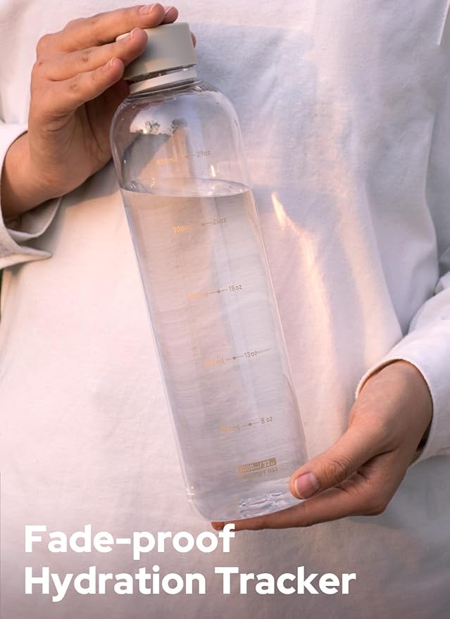 Opard Slim Water Bottle 32oz, Dishwasher Safe Plastic Water Bottle BPA-Free, Leakproof Screw Top, Clear Cream, Reusable for Travel School Sport Gym Hiking